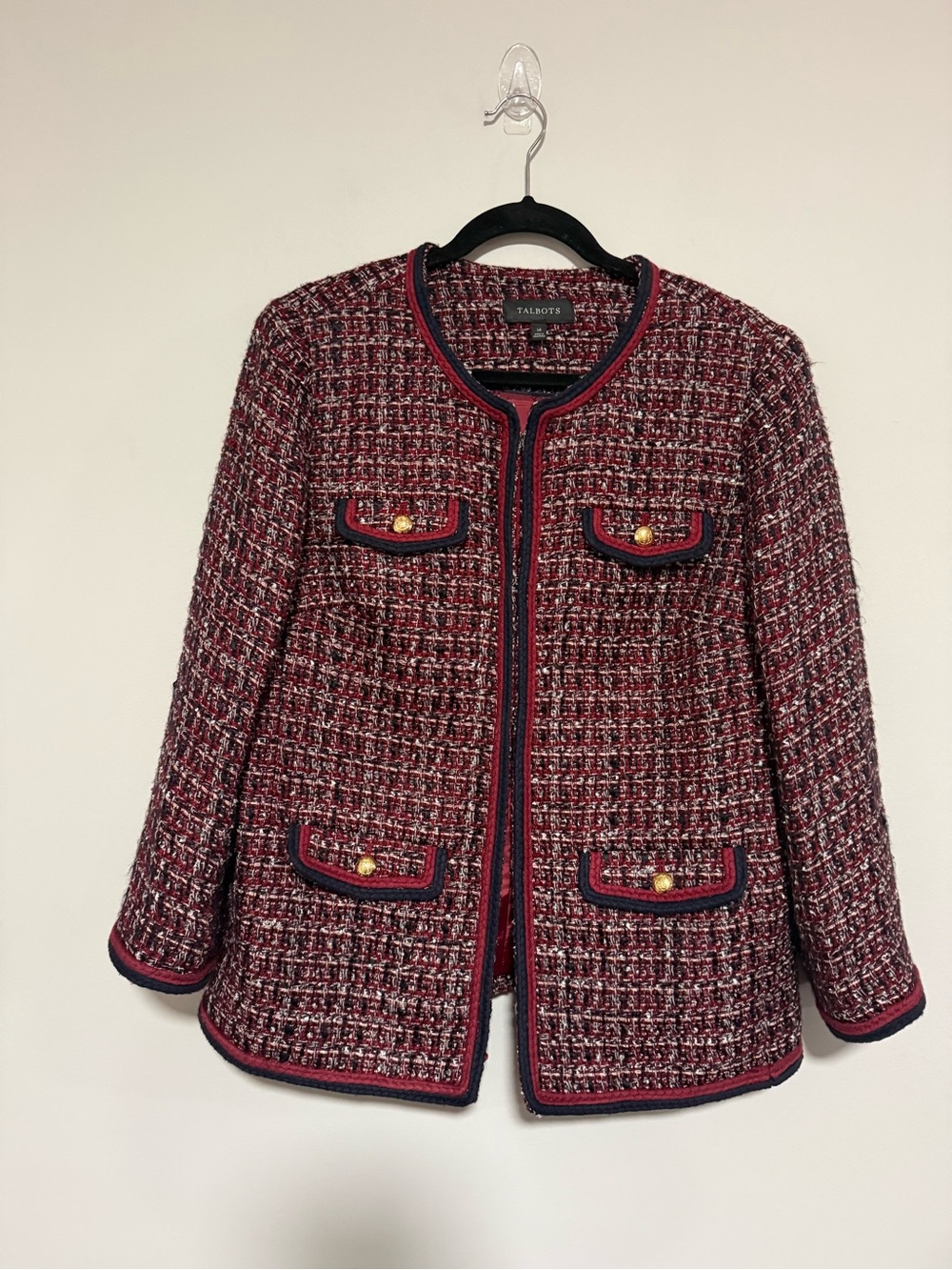 Talbots Burgundy/Navy Round Neck Tweed Blazer Jacket Size 14 Classic Office